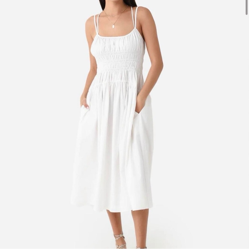White Smocked Midi Sundress with Spaghetti Straps
